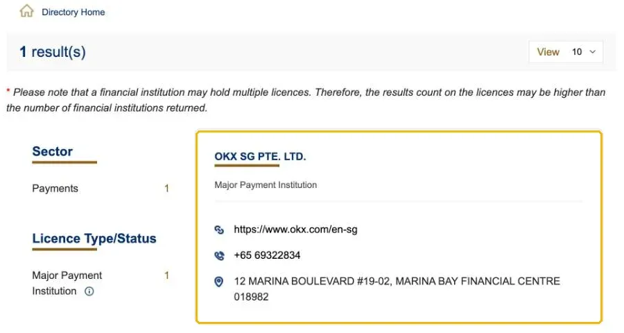 MAS 金融机构名录搜索 OKX 的结果：OKX SG PTE. LTD.，Major Payment Institution