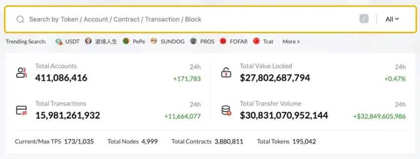 Tronscan 区块链浏览器首页，标出了搜索框