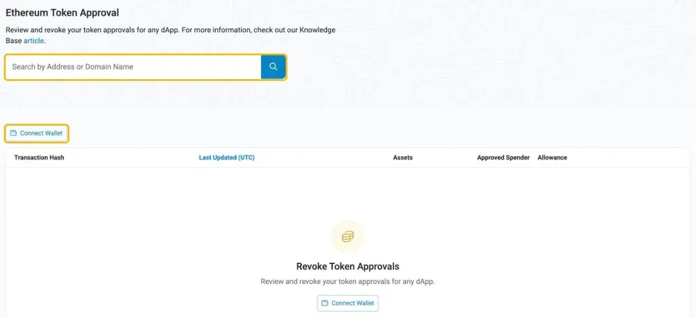 Etherscan Token Approval 页面：地址搜索框与 Connect Wallet 按钮