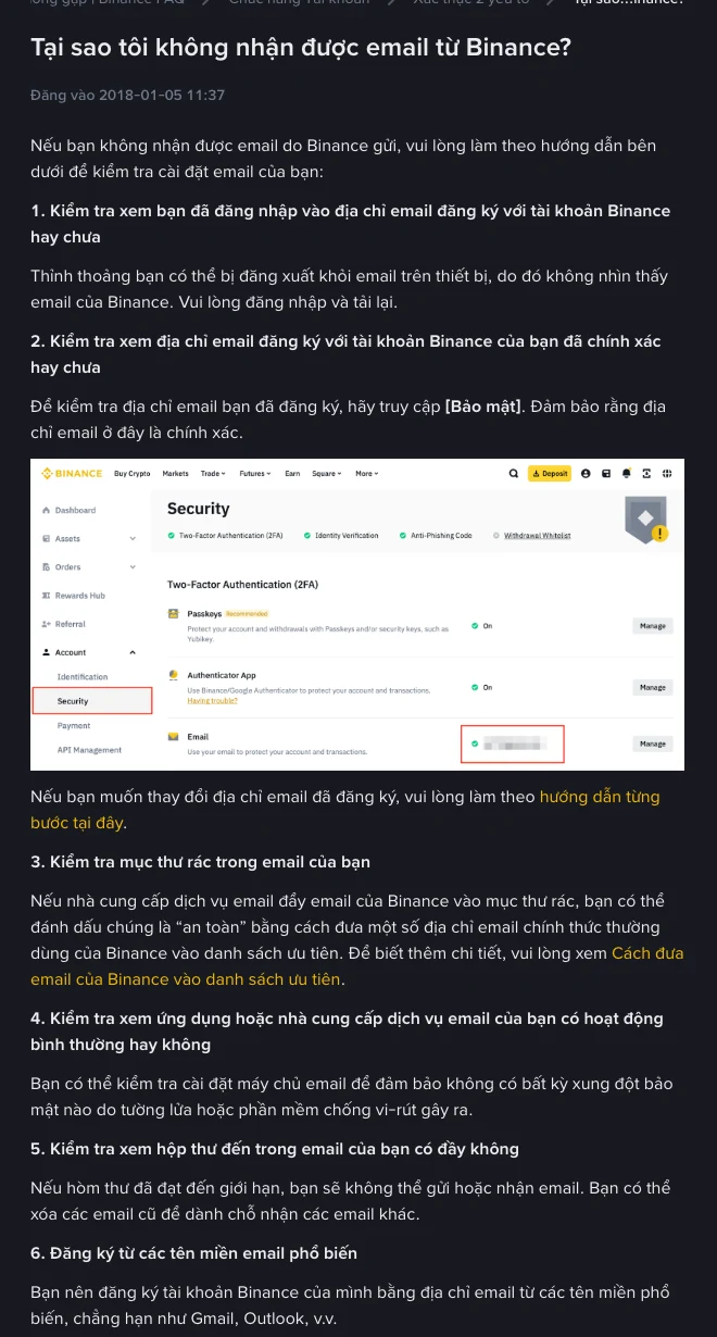 Trang trợ giúp tiếng Việt của Binance "Tại sao tôi không nhận được email từ Binance?" với các bước kiểm tra đăng nhập đúng hộp thư, kiểm tra địa chỉ email trong mục Bảo mật kèm ảnh màn hình trang Security, xem thư mục Thư rác, kiểm tra nhà cung cấp email, hộp thư đầy và đăng ký bằng tên miền phổ biến