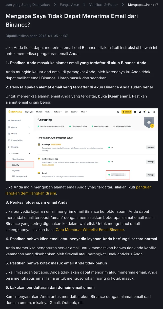 Halaman bantuan Binance berbahasa Indonesia "Mengapa Saya Tidak Dapat Menerima Email dari Binance?" berisi langkah cek kotak masuk yang benar, cek alamat email di menu Keamanan beserta tangkapan layar halaman Security, periksa folder spam, cek penyedia email, kotak masuk penuh, dan daftar dengan domain email umum