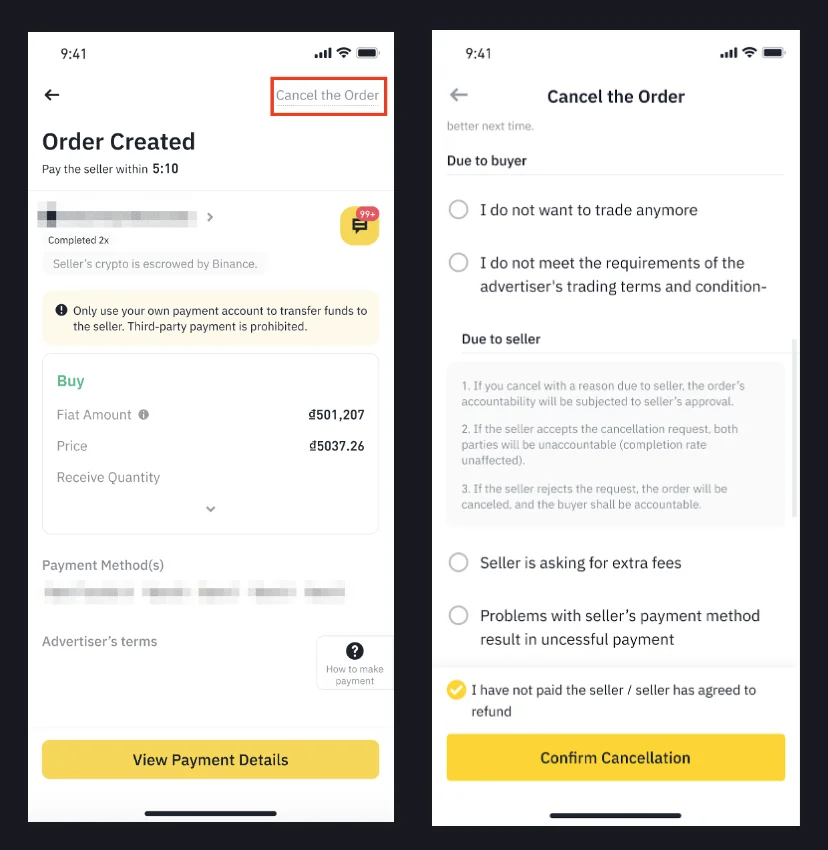Gambar aplikasi Binance dari halaman bantuan resmi (antarmuka berbahasa Inggris dengan contoh nominal dong Vietnam): kiri halaman order P2P "Order Created" dengan tombol Cancel the Order yang diberi kotak merah, kanan layar Cancel the Order berisi alasan Due to buyer, Due to seller, kotak centang belum membayar penjual, dan tombol Confirm Cancellation